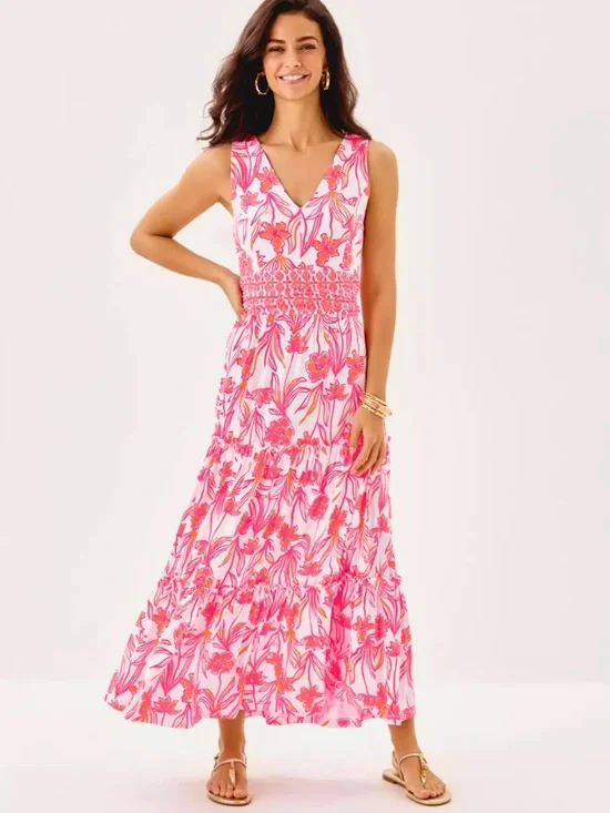 NWT Lilly Pulitzer Skylar maxi white pink & orange floral Lovely Long Stems XL - Picture 1 of 5